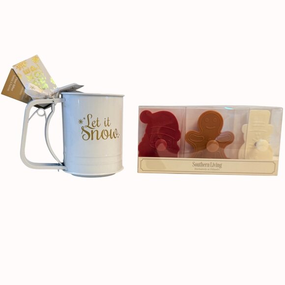 Southern Living Christmas Baking Set Cookie Stamps Flour Sifter Let It Snow - Picture 16 of 16